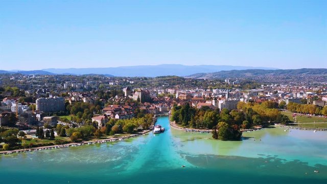 4K Aerial view of Annecy lake waterfront low tide level due to the drought in France