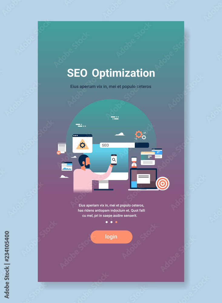 Poster seo search engine optimization businessman hold smartphone global internet information searching mon