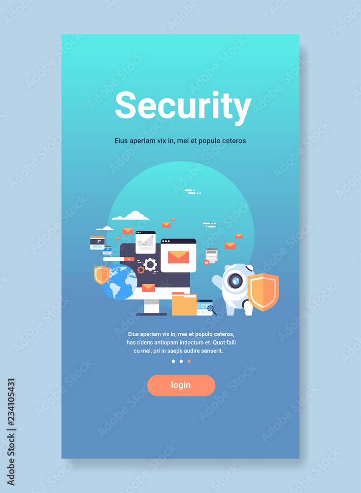 Poster modern robot hold shield network internet security database privacy information protection artificia