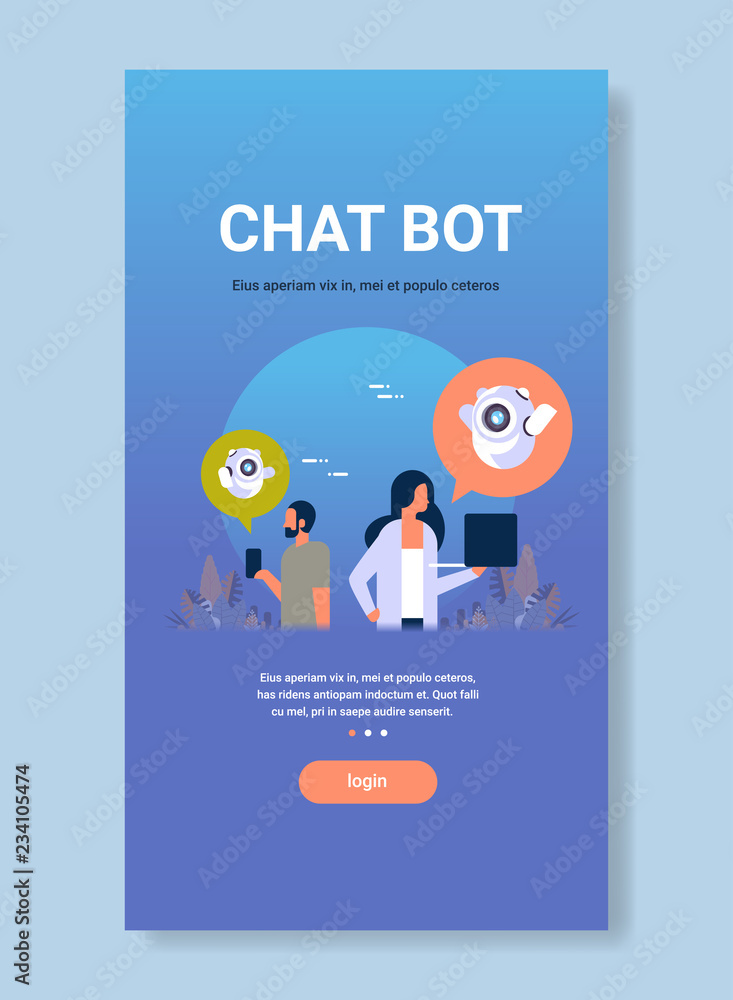 Poster chatbot robot chat bubble communication speech people using gadgets online support artificial intell