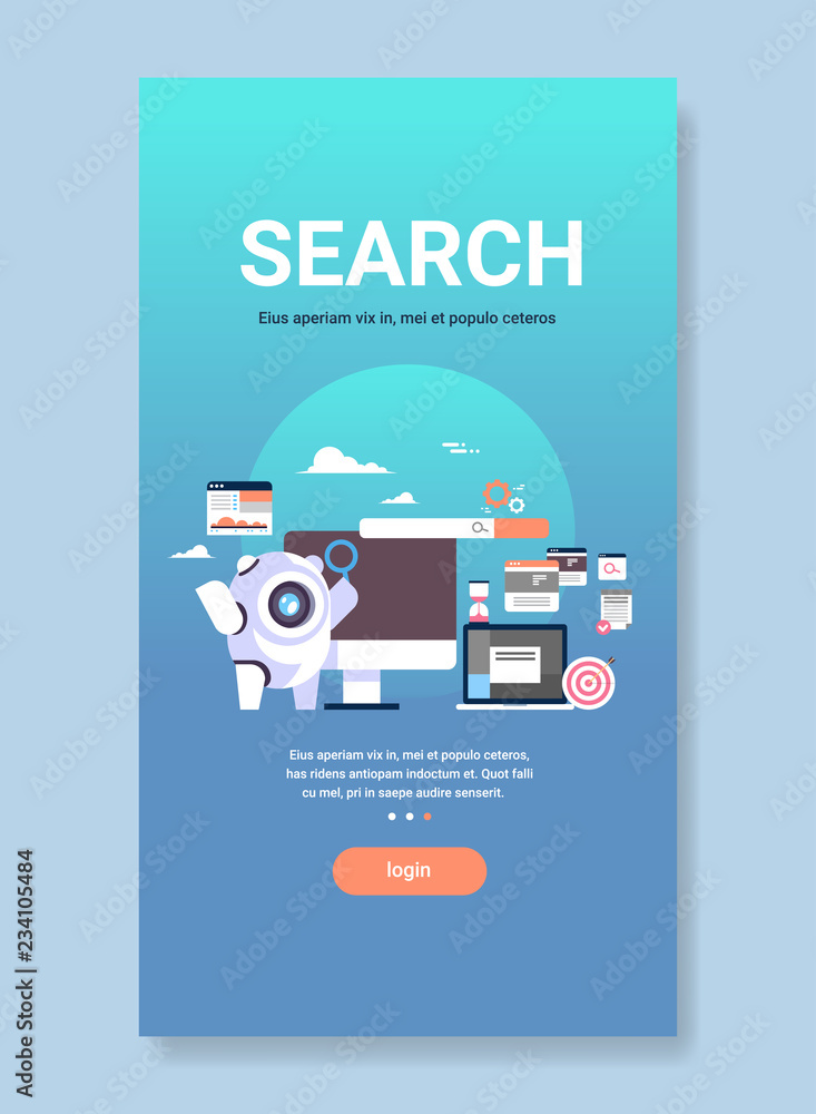 Poster search bot seo engine optimization internet searching concept artificial intelligence assistance fla