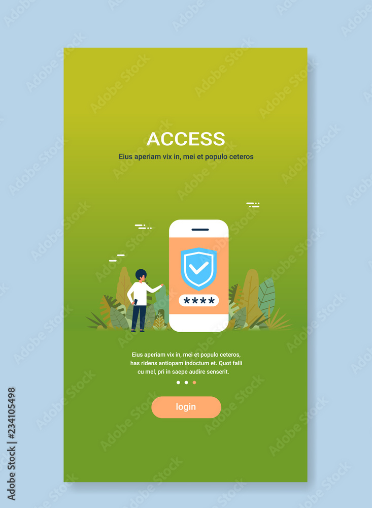 Poster man unlock smartphone verification mobile security app password access concept shield sign flat vert