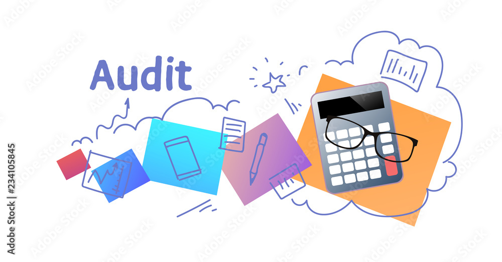 Poster calculator icon data analysis financial audit concept sketch doodle horizontal isolated flat vector 