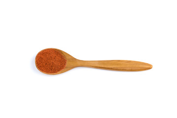 top view of a spoon of sandal wood with red ground pepper   isolated on white background