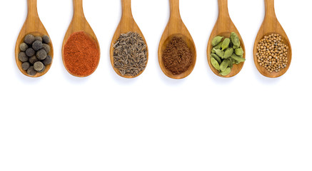 top view set of spices flat lay frame  isolated on white