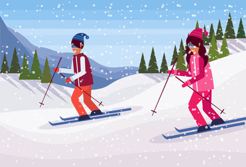skiers couple sliding down snowy mountain fir tree forest landscape background man woman skiing winter vacation flat horizontal vector illustration