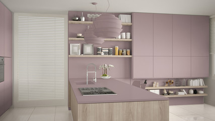 Modern violet and wooden kitchen with shelves and cabinets, island with gas stove and sink. Contemporary living room, minimalist architecture interior design