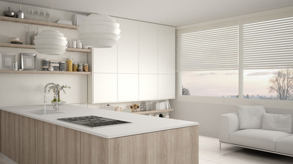 Fototapeta na wymiar Modern white and wooden kitchen 
