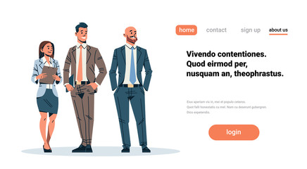 business people team looking something businessmen woman standing together holding folder teamwork concept male female cartoon character full length isolated horizontal flat copy space vector