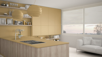 Modern yellow and wooden kitchen with shelves and cabinets, sofa and panoramic window. Contemporary living room, minimalist architecture interior design