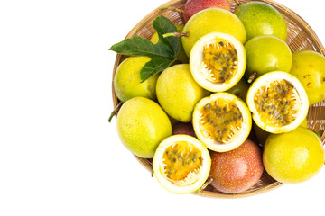 Fresh passion fruit in basker on white isolate background.
