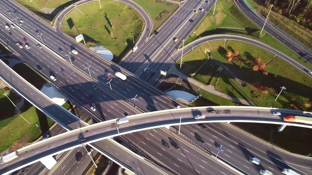 Aerial view of a freeway intersection traffic trails in Moscow.