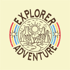 Lettering of California, sport and explore. Trees and rainbow on travel. Cactus and sun on stamp. Tropical adventure t shirt for other forest expedition. Vector illustration.