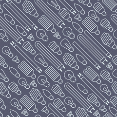 Seamless pattern with different types of light bulbs. Linear style vector illustration. Suitable for wallpaper, wrapping or textile