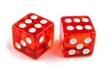 Two red glass dice isolated on white background. Six and six.