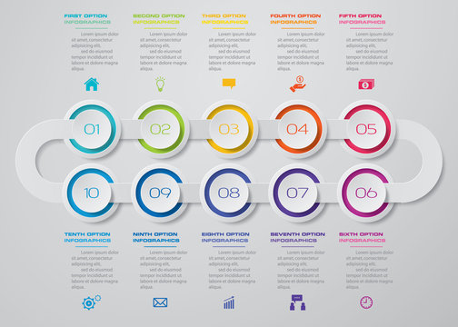 10 steps Timeline infographic element. 10 steps infographic, vector banner can be used for workflow layout, diagram,presentation, education or any number option. EPS10.