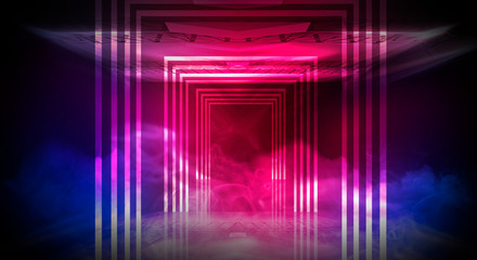 Background of empty dark room, street. Concrete floor, asphalt, neon light, smoke, spotlight