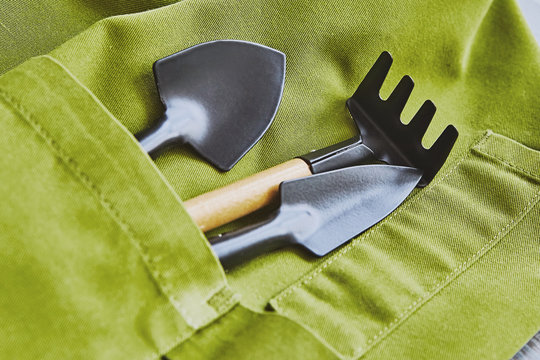 gardening tools spade, fork and rake pinafore in apron pocket hobby and garden manteinance concept