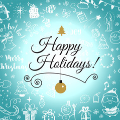 Christmas post card with doodles. Big set of Christmas design element in doodle style