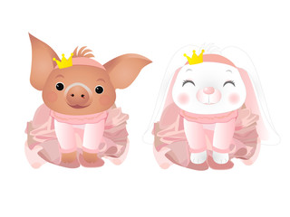 Cute cartoon bunny ballerina. Pig ballerina. Vector illustration.