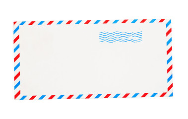 Empty envelope with red and blue borders isolated on white background. Top view. Flat lay.