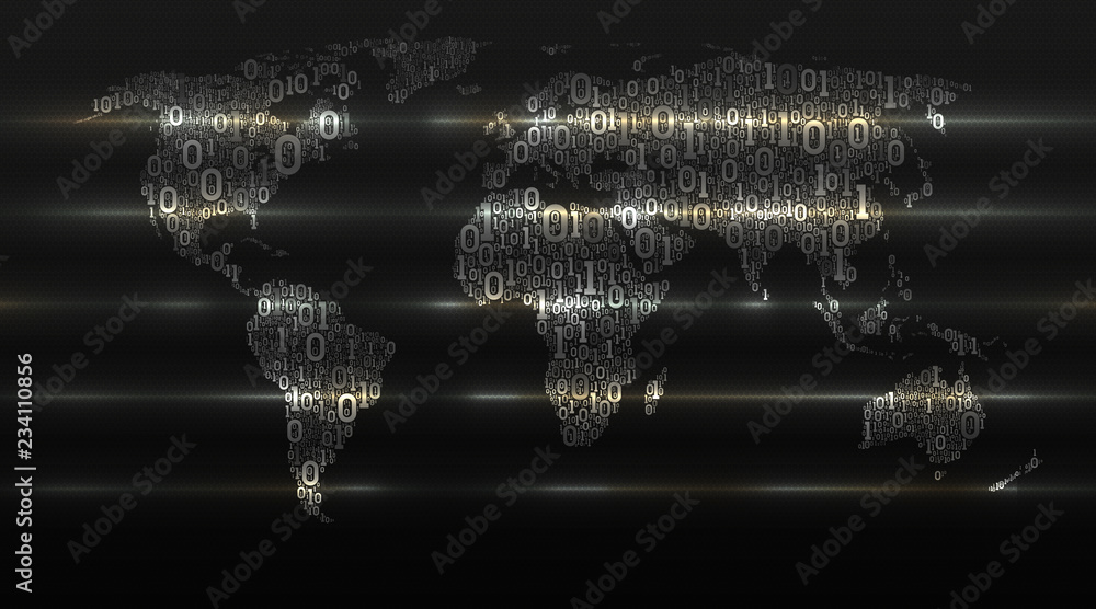 Poster binary code world map on dark cellular background. abstract digital technologies transform the world