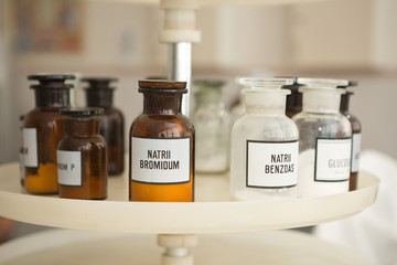  Ingredients for drugs in bottles. Old pharmacy. Sodium benzene