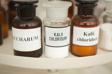 Ingredients for drugs in bottles.