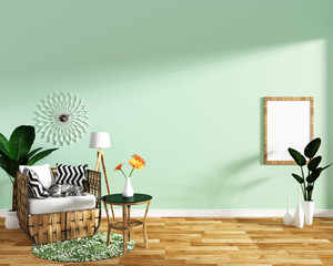 modern living room interior with armchair decoration and green plants on hexagon mint tile texture wall background,minimal design, 3d rendering.	
