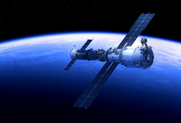 Obraz na płótnie Canvas Space Station And Spacecraft Orbiting Blue Planet