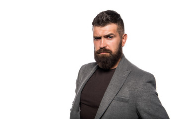 Bearded and cool. Hipster appearance. Beard fashion and barber concept. Man bearded hipster stylish...