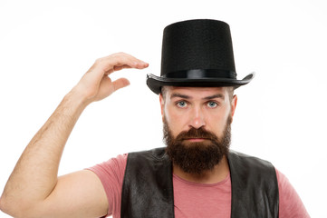 Let me show some magic. Man bearded hipster cylinder hat. Illusionist performance concept. Magician...