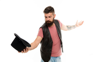 Illusionist trick performance concept. Circus magic trick performance. Illusionist circus worker....