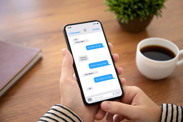 female hand holding phone with app messenger on the screen
