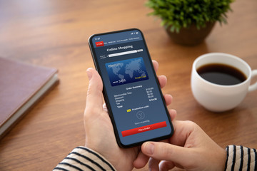 female hand holding phone with app online shopping on screen