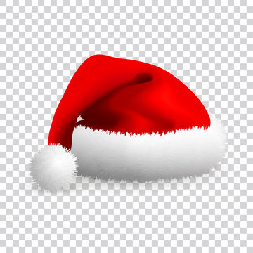 Santa Claus hat isolated on transparent background. Realistic Vector. 3d Illustration.