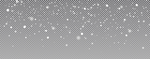 Snow falling background. Vector magic Christmas eve snowfall. White glitter snowflakes falling down on transparent background.