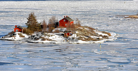 Life on islands. Ryssansaari Island of Helsinki archipelago, Finland.  End of winter