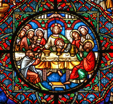 Ely, Cambridgeshire, United Kingdom, July 19th 2007, Ely Cathedral stained glass window depicting the Last Supper with Jesus Christ and the desciples at the table