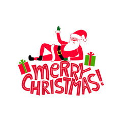 Christmas card. Hand lettering Merry Christmas. Illustration with Santa and gifts. Vector illustration in flat style.