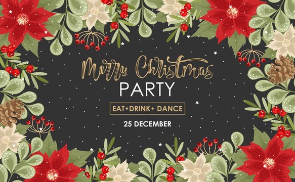 Vector Christmas party invitation with inscription. Festive branches, flowers, gifts and items. Vector illustration.