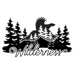 Stylized monochrome vector illustration with pheasant and forest