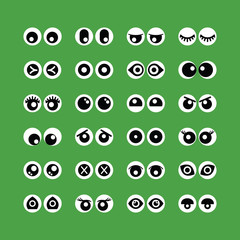 Cute assorted cartoon circle eyeballs emoji icons set on green background