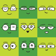 Cute green square stickers emoticons smile faces icons set with different geometrical shapes eyeglasses