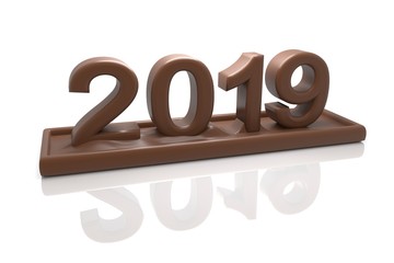 2019 new year text made of chocolate isolated on white. 3d render.