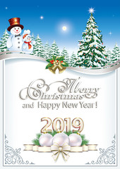 Happy New Year 2019. Christmas card with Christmas tree and snowmen