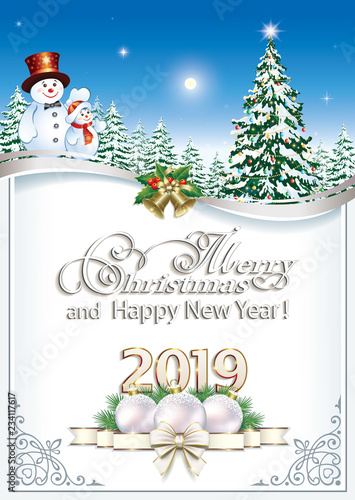 Christmas Card 2019 Happy New Year 2019. Christmas card with Christmas tree and Christmas Card 2019 Happy New Year 2019. Christmas card with Christmas tree and