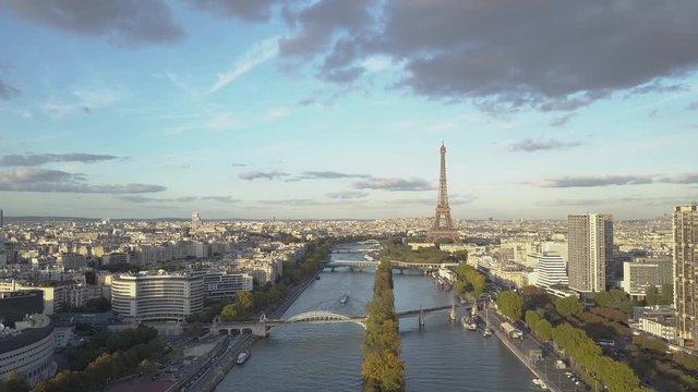 Aerial shot of Paris Eiffel Tower and Seine River