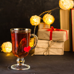 tea and festive atmosphere (heart and love). Copy space. Top view