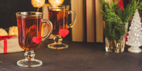 tea and festive atmosphere (heart and love). Copy space. Top view